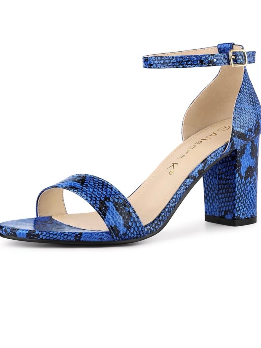 Allegra K Blue Snake-Print Ankle-Strap Block Heel Sandal